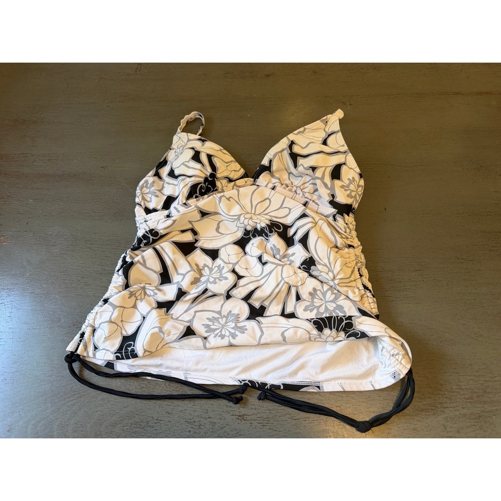 Merona Womens Black White Floral Tankini Swim Top Ruched Side Tie Large